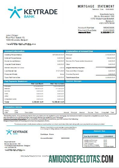 Declaração de hipoteca do Banco Keytrade da Bélgica Scr modelo